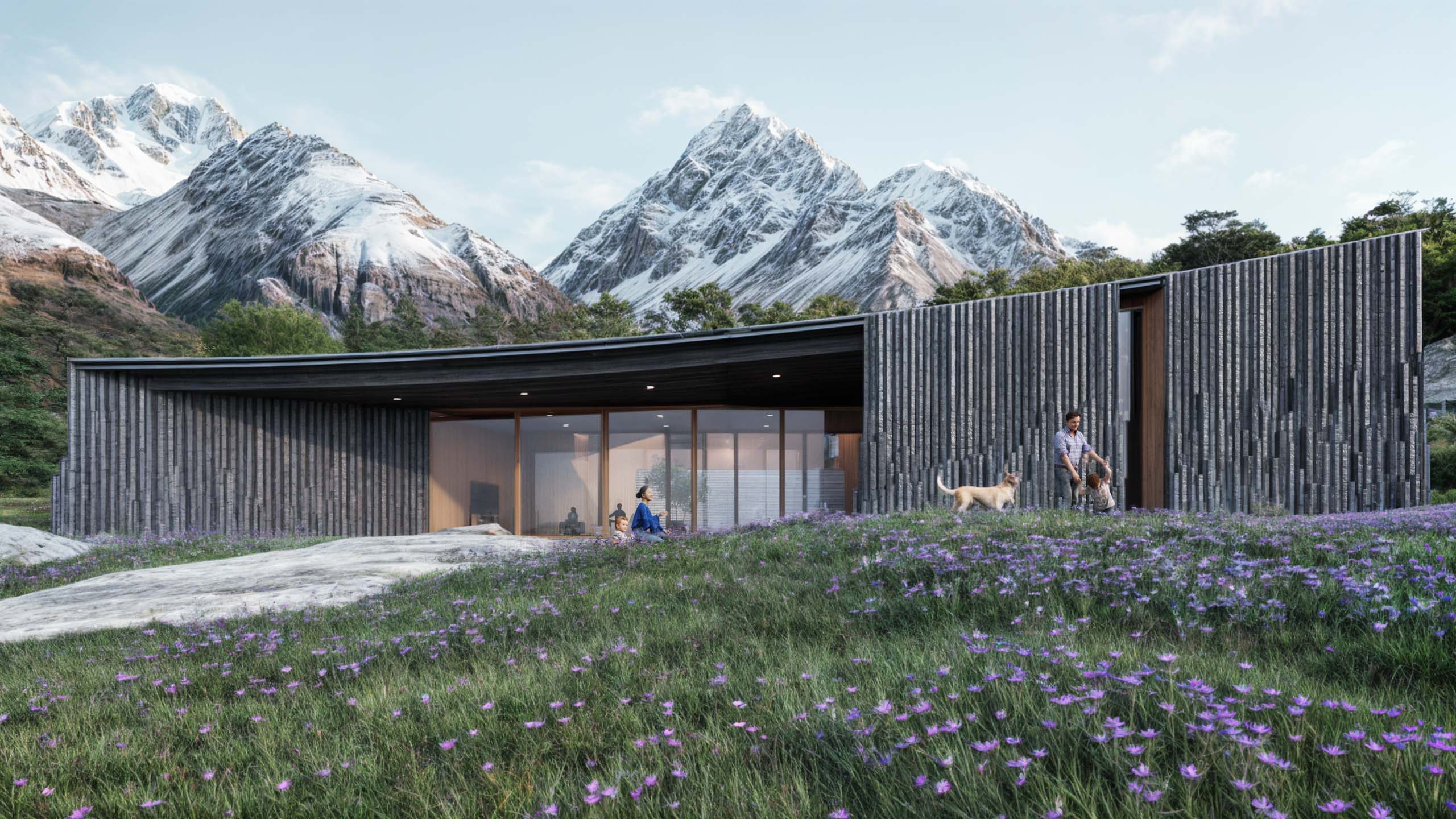 Exterior view of the Hillcrest Residence designed by RIOS, showcasing modern mountain architecture. The ski resort-inspired home integrates contemporary design with the surrounding landscape through thoughtful architectural and landscape elements.